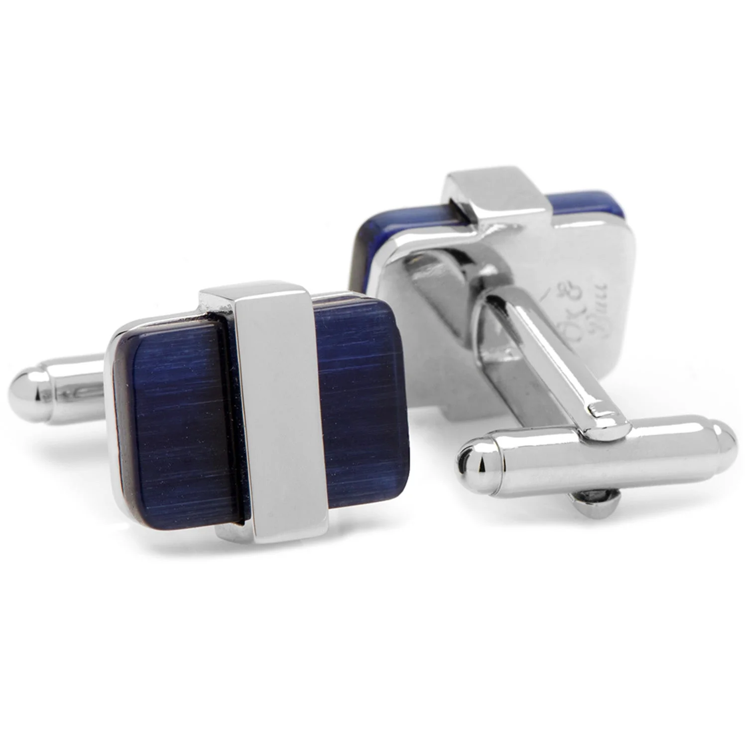Silver Wrapped Navy Blue Catseye Cufflinks - Image 2